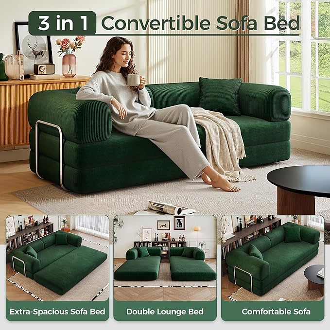78.5'' Convertible Folding Sofa Bed – 4-in-1 Modular Floor Couch Corduroy Small Cloud Couch Compressed Foldable Sleeper Sofa King Size Futon for Bedroom Guest Room (Green (Dark))