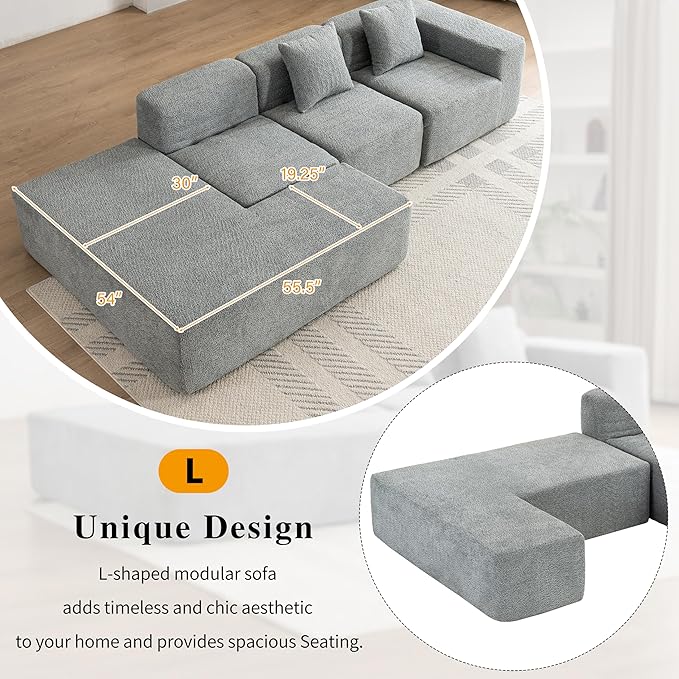 Merax 116.5 Minimalist Cloud Sectional Couch with L-Shape Chaise Gray Modern Modular Sofa with Deep Seat Convertible 4 Seat Sleeper Couches Set for Living Room No Assembly Required Grey