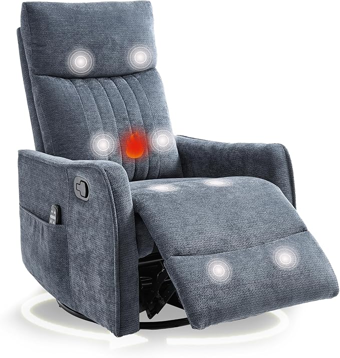 cinkehome Heated Massage Swivel Rocker Recliner Chair for Nursery - Small Space Reclining Chair with Lumbar Support 360° Swivel &amp Gentle Rocking Ergonomic High Back Chenille Fabric Blue