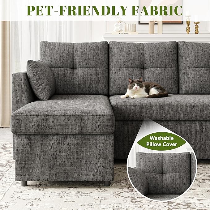 Oversized Sleeper Couch Sofa 110 inch 2 in 1 Pull Out Couch with Double Storage Chaise Sectional Sleeper Sofa Bed with Side Pocket for Living Room Dark Grey