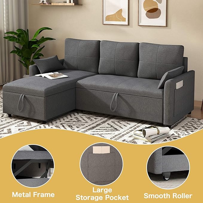 L Shape Sofa Bed: 81 Sectional Sleeper Sofa with Pull Out Bed Grey Pull Out Sleeper Couch with Chaise Lounge and Linen Reversible Chaise Sectionals for Living Room (Gray 80.7 L shape sofa bed)