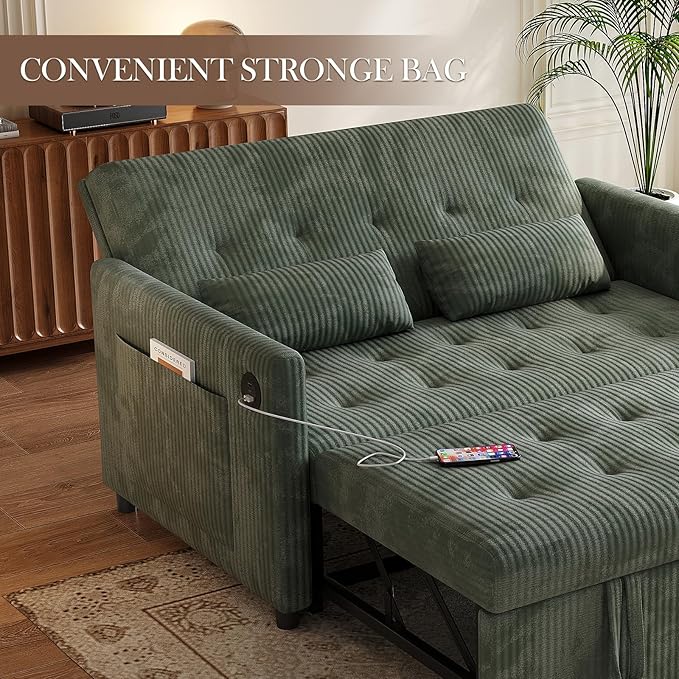 Sofa Bed Loveseat 3-in-1 Sleeper Sofa with Pull Out Bed Pockets and USB Modern 2 Seater Convertible Small Couch for Living Room Bedroom Apartment (Green Corduroy)