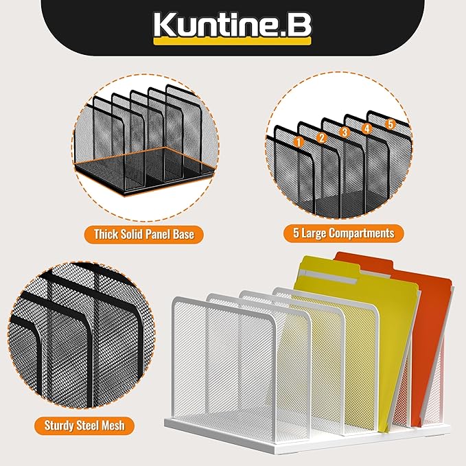 Kuntine.B Desk File Organizer Upright Mesh Desktop Organizer File Sorter Office Organization File Holder for Home Office &amp Classroom (White 1 Pack 5-Section)