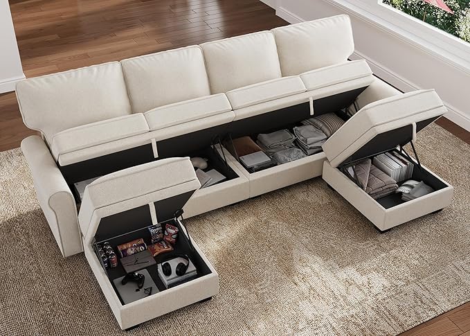 HONBAY Convertible Sectional Sofa with Storage U Shaped Sectional Couch with Reversible Chaise Small Sectional Couches for Living RoomBeige