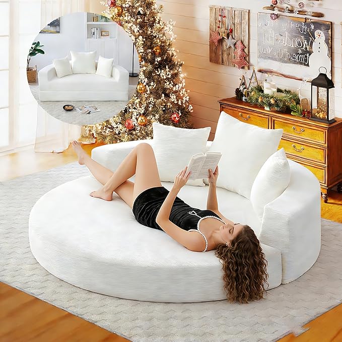 Curved Convertible Futon Sleeper Sofa Bed 67 Boneless Couch with Pull-Out Bed Corduroy Foldable Floor Mattress for Living Room No Assembly Required Round Beige