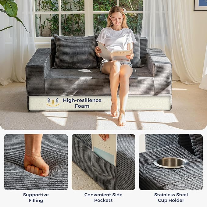 MAXYOYO Loveseat Sofa Bed 64 Foldable Floor Sofa Couch in A Box with 2 Cup Holders 4 in 1 Convertible Boneless Couch Folding Recliner Sleeper Chair for Living Room No Assembly Required Dark Grey