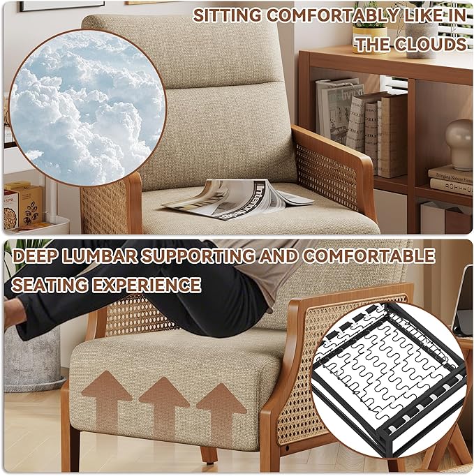 Aklaus Mid Century Accent Chair Set of 2 with Rattan Armrest Upholstered Living Room Chairs Lounge Fabric Reading Chairs Side Sitting Farmhouse Chair for Living Room Bedroom Balcony Grayish Brown