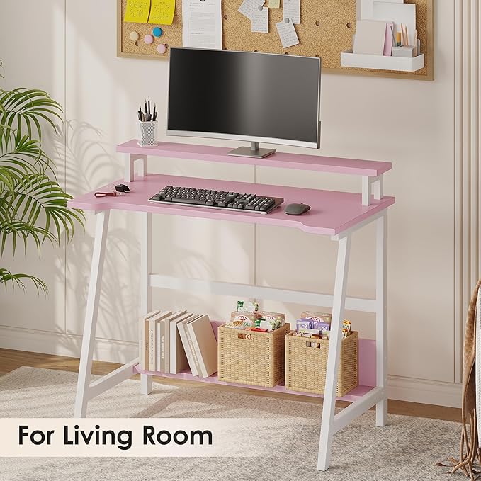 ALISENED 31.5 Inch Small Office Desk with Storage Small Desk for Small Spaces Compact Home Office Desk Mini Study Desk for Bedroom Pink