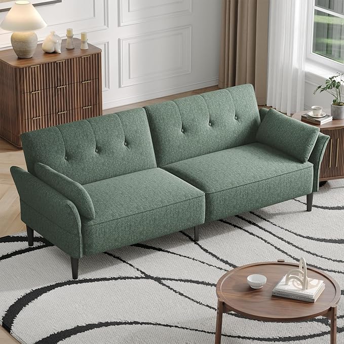 89” Futon Sofa BedComfy Futon Couch Bed with 2 Square PillowsConvertible Sleeper Sofa with Adjustable Backrest&amp Armrests Modern Loveseat Sleeper for Living Room Bedroom Linen Green