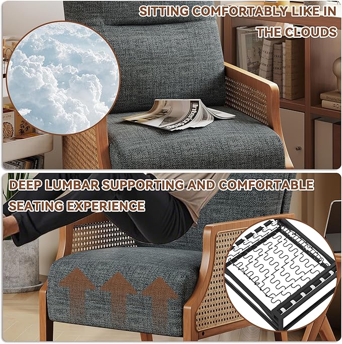 Aklaus Mid Century Accent Chair Set of 2 with Rattan Armrest Upholstered Living Room Chairs Lounge Fabric Reading Chairs Side Sitting Farmhouse Chair for Living Room Bedroom Balcony Grey