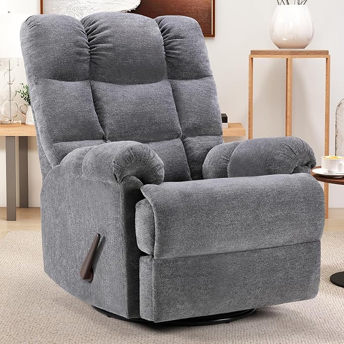 CANMOV Swivel Rocker Recliner for Adults Glider Rocking Reclining Chair for Nursery Manual Recliner Chair with Overstuffed Back and Arms for Living Room Bedroom Nursery Grey