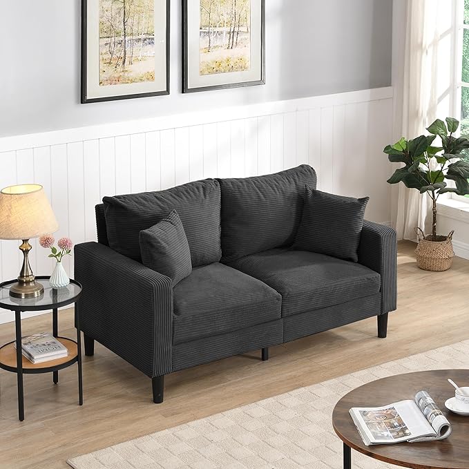 Corduroy Loveseat Sofa 2-Seater with Metal Legs Modern 57'' Compact Couch for Small SpacesMini Couches for Living Room/Apartment/Dorm/OfficeSettee (Corduroy Dark Gray)