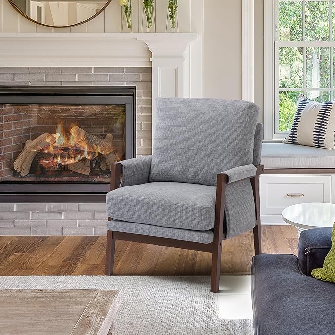 Grey Accent Chair for Bedroom &amp Living Room Mid Century Modern Accent Arm Chair Upholstered Anthropologie Accent Chair with Solid Wood Frame Fabric