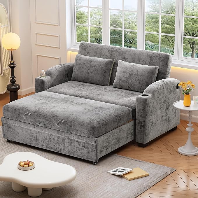 Convertible Loveseat Sofa with Adjsutable Backrest 61.6 Pull Out Sofa Bed with 2 Throws Pillows Cup Holders Chenille Loveseat Couch for Living Room Apartment (GrayCup Holders 4)