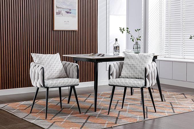 Beige Modern Velvet Dining Chairs Set of 2 Hand Weaving Accent Chairs Living Room Chairs Upholstered Side Chair with Black Metal Legs for Dining Room Kitchen Vanity Living Room