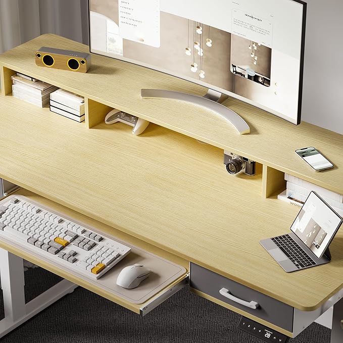 63 Inches Electric Standing Desk with Keyboard Tray Height Adjustable Sit to Stand Table with 2 Drawers Ergonomic Home Office Desk with Storage Shelf Computer Table Oak