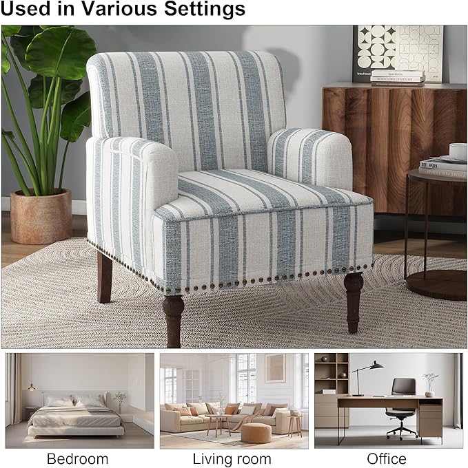 Accent Chair Mid Century Modern Comfy Armchair for Living Room Linen Fabric Single Sofa Lounge for Reading Bedroom Apartment Waiting Room with Wood Legs (Blue Stripe Set of 2)