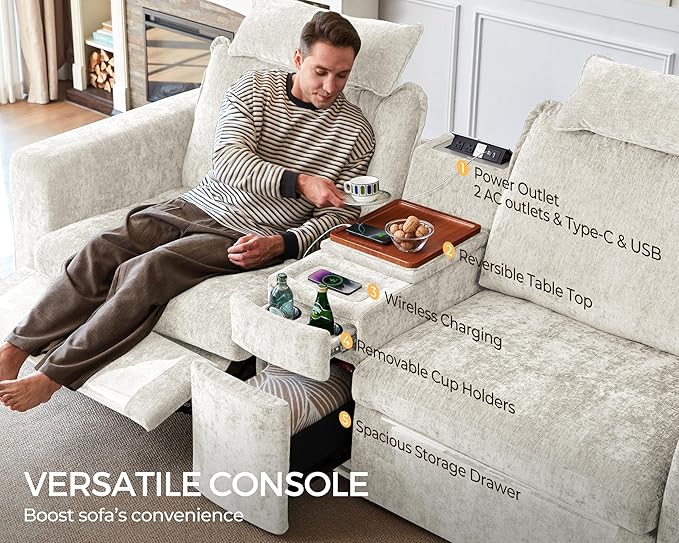 Versatile Console for Olar Oversized Modular Couch Fuctional Side Table Wireless Charging Outlets Cup Holders Storage Drawer Combined with Sofa Seat by U-connectors Chenille White