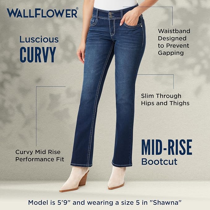 WallFlower Luscious Curvy Bootcut Jeans for Women Mid-Rise Insta Stretch Denim Size-Inclusive Juniors Jeans