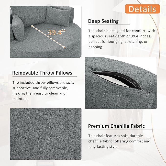 360° Swivel Chair Accent Chair with 3 Removable Pillows Modern Chenille Fabric Barrel Chair Swivel Round Sofa Chair for Living Room Bedroom Office and Hotel (Gray/96)