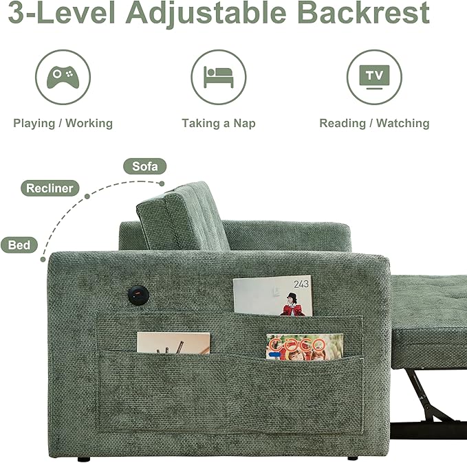 57.48 Convertible Sofa Bed with Cup Holder Pull Out Sleeper Sofa Bed with USB Charging Ports 3 in 1 Convertible Sleeper Sofa Bed for Living Room Apartment Bedroom RV Green