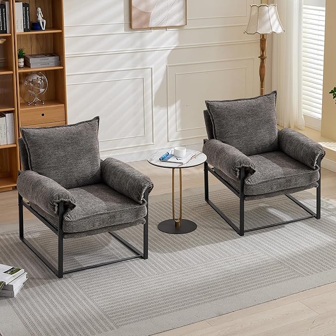 YISHENG Accent Chair with 6-Angle Adjustable Backrest(90°–180°) Chenille Fabric Living Room Chair Upholstered Lounge Chair Modern Cozy Reclining Chair for Reading Reception RoomBalcony 2PC Gray
