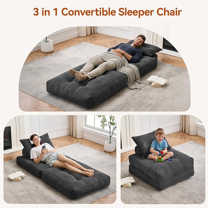 Folding Sofa Bed Fold Out Chair Bed with Pillow Convertible Sleeper Chair for Living Room/Guest Room Foldable Lazy Sofa Bed Floor Chair Comfy Teddy Velvet Couch Bed Grey