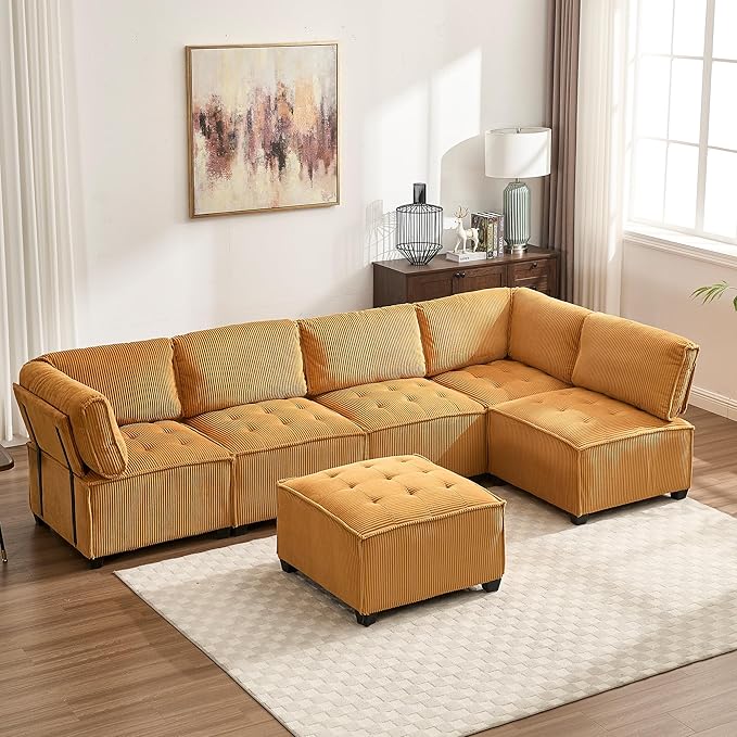121 U Shaped Modular Sectional Sofa Couch 6 Seat Convertible Upholstered Deep Seat Sleeper Sofa with Chaise Lounge Cloud Couch for Living Room Mustard Yellow