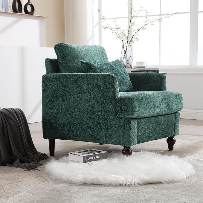 Modern Accent Chair 29'' W Comfy Chenille Tufted Lounge Armchair for Living Room Upholstered Mid Century Reading Nook Chairs Single Sofa Chair Solid Wood Frame (Emerald)
