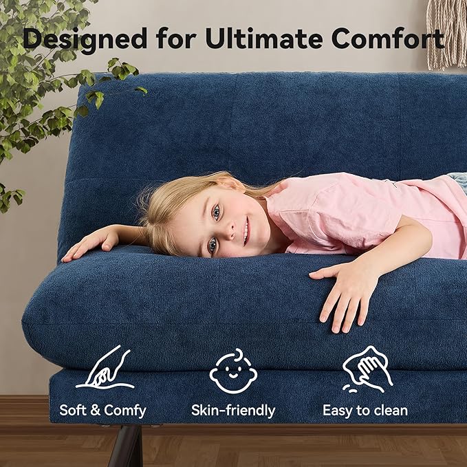 71 Convertible Futon Sofa Bed Blue Futon Couch with Adjustable Backrest Folding Small Recliner Sleeper Sofa Bed for Living Room Apartment Office