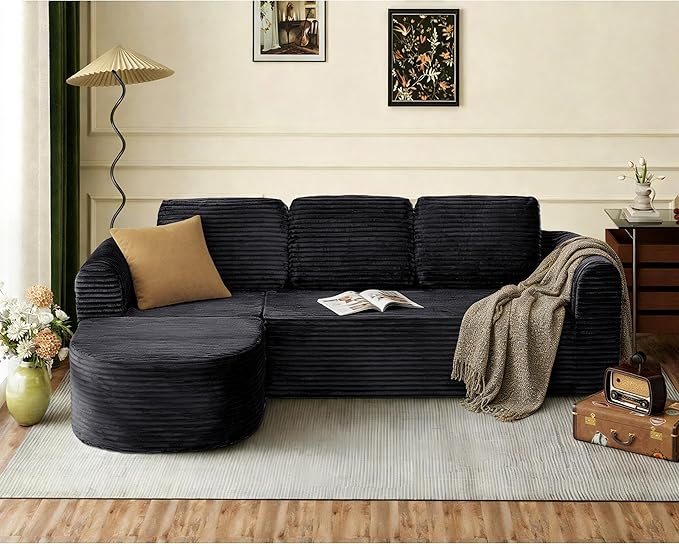 108” Modular Sectional Sofa Boneless Couches for Living Room Deep Seat L-Shape Cloud Couch with ChaiseComfy Sofa Freely Change Configurations No Assembly RequiredSoft Plush Corduroy Fabric(Black)