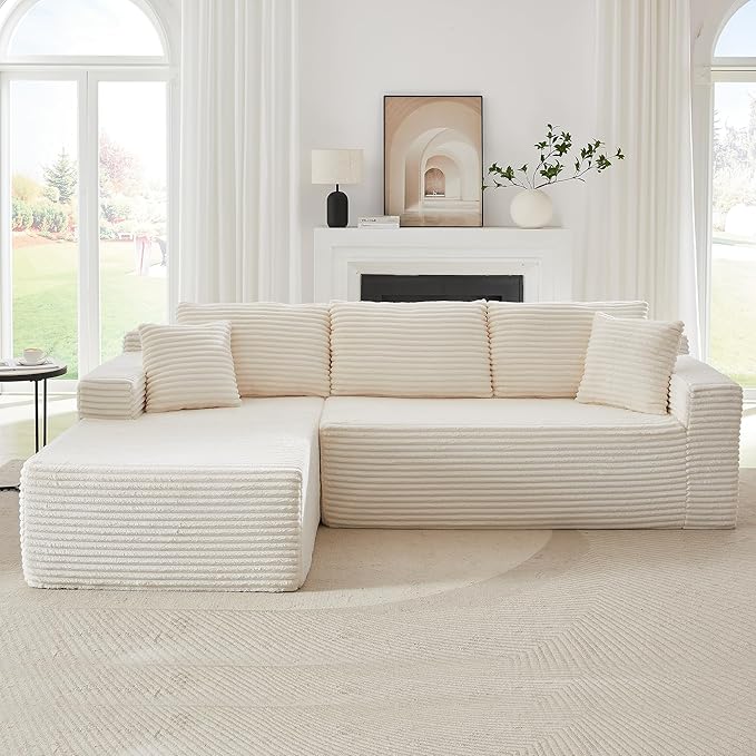 GNIXUU Boneless Sectional Couch with L-Shape Chaise Modern Modular Sofa with Deep Seat Comfy Corduroy Cloud Couches for Living Room Bedroom Apartments No Assembly Required Beige