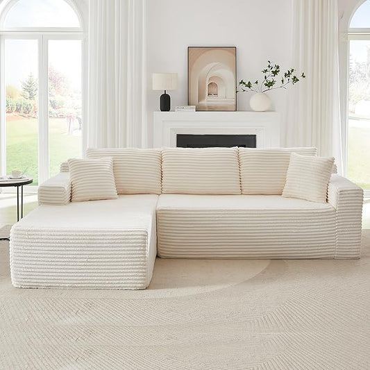 GNIXUU Boneless Sectional Couch with L-Shape Chaise Modern Modular Sofa with Deep Seat Comfy Corduroy Cloud Couches for Living Room Bedroom Apartments No Assembly Required Beige
