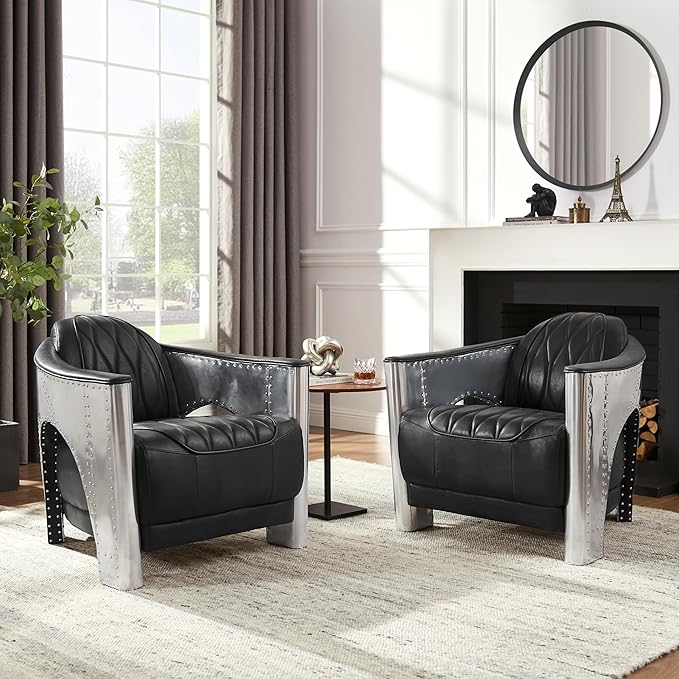 Zouron Vintage Leather Accent Chair Upholstered Living Room Chair with Aluminum Legs and Handcrafted Rivets Genuine Leather Single Sofa Chair Barrel Aviator Chair Black