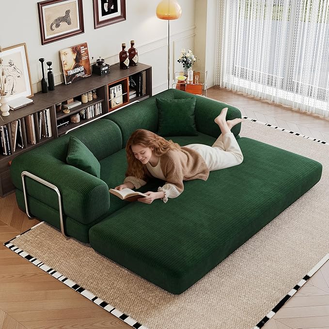 Convertible Sleeper Sofa Bed Corduroy Floor Couch Bed with Silver Fixed-Shape Frame Modern Modular Sofa with Pull Out Bed Loveseat Sleeper Boneless Couch for Living RoomGreen