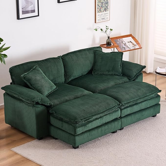 80.5'' Modular Sectional Sofa Cloud Couch Comfy Corduroy Double-Upholstered Sleeper Sofa Loveseat Sofa with Moveable Ottoman 2 Pillows and Detachable Armrest for Living Room Green