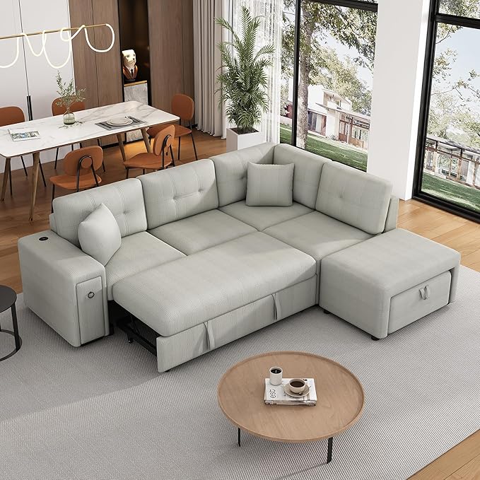 86.6 L-Shaped Sectional Sofa Couch Chenille Upholstered Pull-Out Sofa Bed Sleeper with a Movable Ottoman and 2 Cup Holders for Living Room Apartment Offices (Grey-86.6)