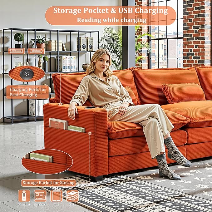 99 Modular Sectional SofaCouches for Living RoomModern Modular L-Shape Sofa with Ottoman &amp Side Pocket Cloud Sectional CouchCorduroy Oversized Sleeper Sofa with USB Port &amp Cup Holder (Oran