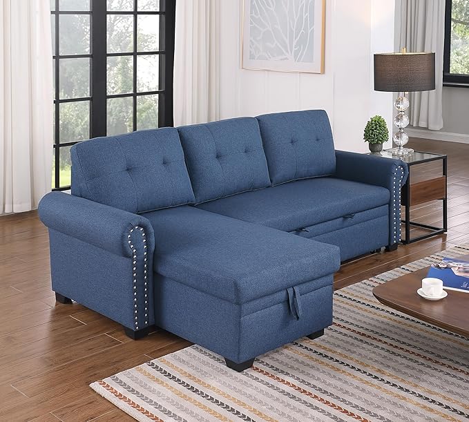 83 L-Shaped Sleeper Sectional Sofa with Storage Chaise &amp Cup Holders – Pull-Out Convertible Bed 3-in-1 Space-Saving Design for Apartments Modern Linen Fabric Easy Assembly