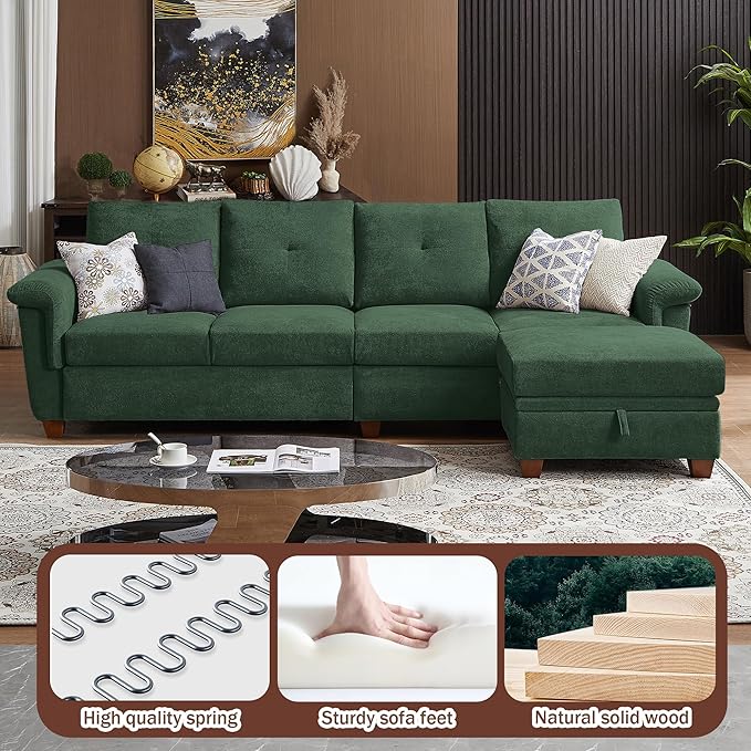 109 Convertible Sectional Sofa Modern Microfibe L Shaped Couch with Storage Chaise and Cup Holder 4 Seat Sofa Couches with Extra Headrests for Living Room Apartment Green