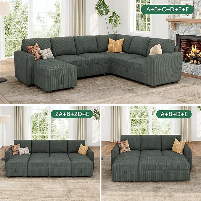 HONBAY Square Ottoman Module for Modular Sectional Sleeper Sofa Storage Ottoman Footrest and Seat Cube Velvet Green