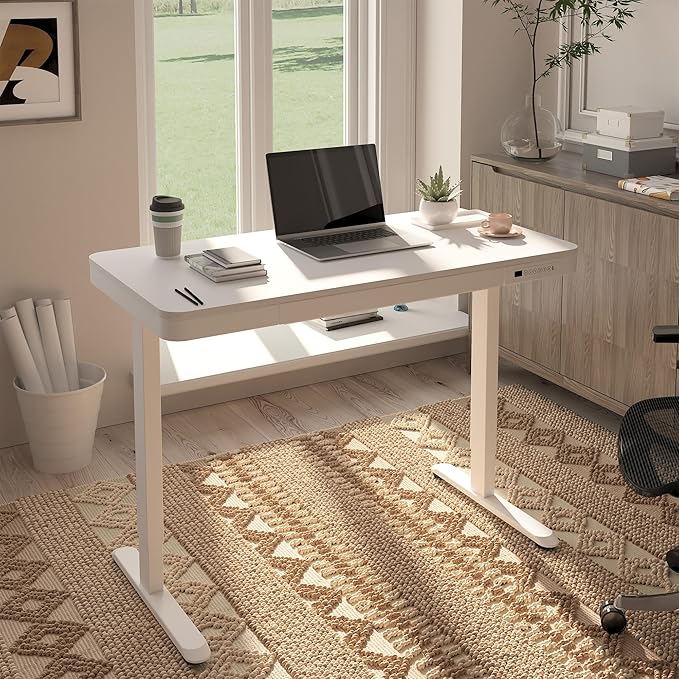 FLEXISPOT Comhar Electric Standing Desk with Drawers Charging USB A to C Port Height Adjustable 48 Whole-Piece Home Office Computer Laptop Table with Storage (White Top + Frame)