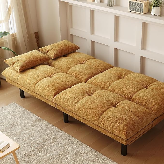 Futon Sofa Bed Convertible 70 inch Solid Wood Couch for Living Room Chenille Fabric 2 Cushions (Caramel Orange)