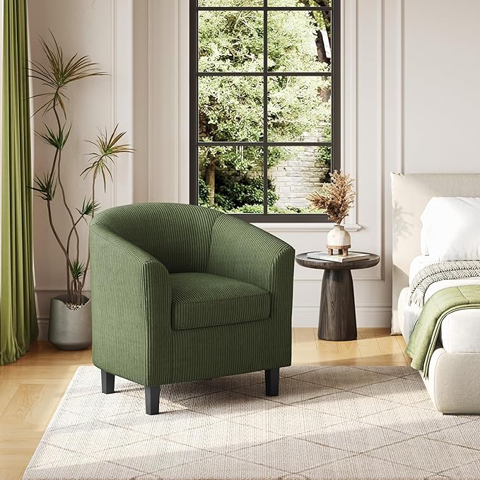 Yaheetech Corduroy Barrel Chair Upholstered Club Accent Chair Round Armchair with Soft Cushion for Living Room Bedroom Reading Room Dark Green