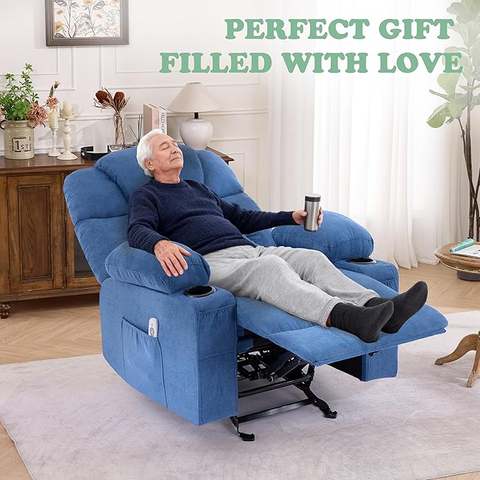 Manual Recliner Chair Rocker Recliner with Vibration Massage &amp Heat Ergonomic Reclining Fabric Living Room Chairs for Bedroom Nursery Single Sofa with 4 Pockets 2 Cup Holders Blue