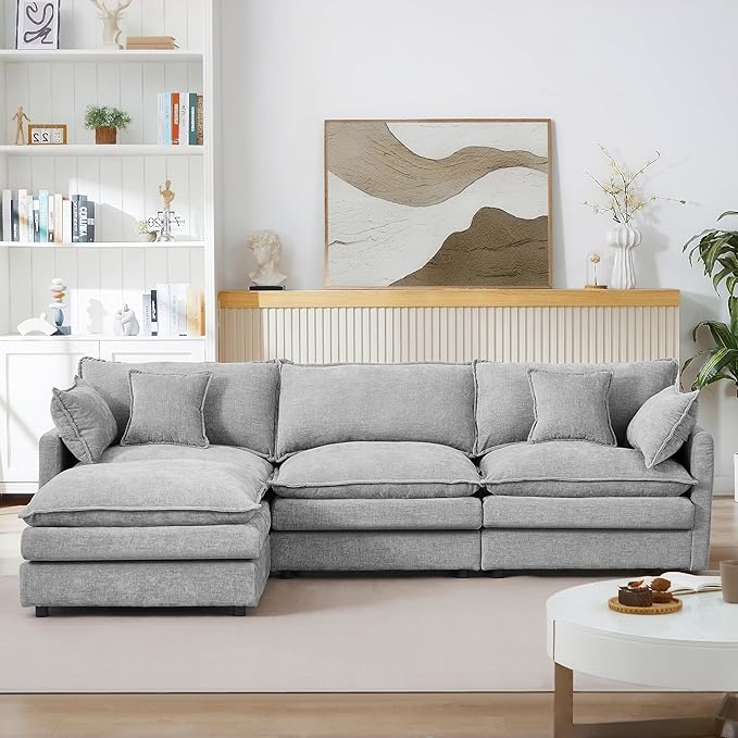 Grey Sectional Modular Sofa Cloud Couch 105 Modern Convertible L-Shape Sofa Deep 3-Seater Soft Chenille Comfy Upholstered with Removeable Ottoman Set and Removable Cushions for Living Room