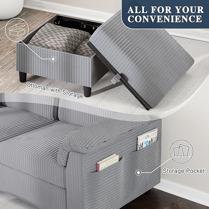 Meilocar Sectional Sofa Couch for Living Room 79 Sectional Couches with Storage Ottoman L Shaped Couch with Sloping Armrests 3-Seat Sofa Couches for Small Space Light Grey | Breathable Material