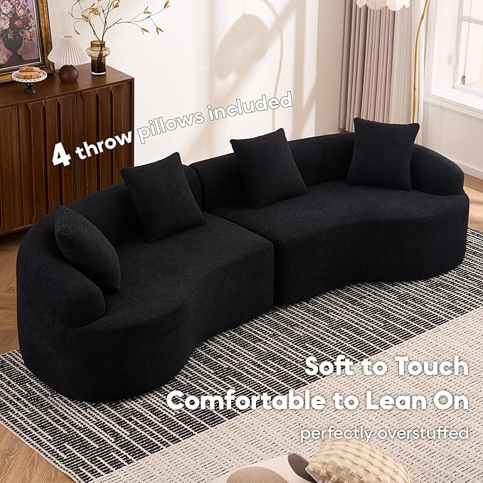 110'' Modern Curved Sofa Sectional Arc 4-Seater Foam Couch Compressed in-a-Box Boneless Cloud Couch with Extra-Deep-Wide Seats in Comfortable Chenille No Assembly Polar Black