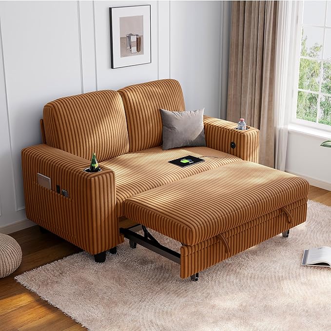 LINSY HOME Loveseat Sofa with Pull Out Couch Chaise: 2-in-1 Convertible 2 Seater Sofa with USB Charging &amp Cup Holders Comfy Plush Corduroy Love Seat for Small Spaces Living Room Apartment Brown