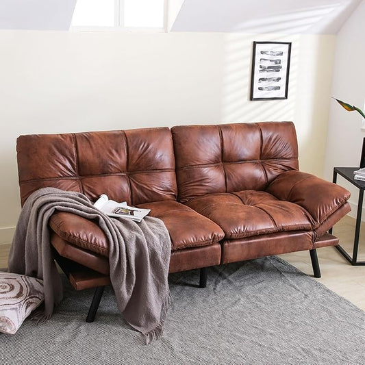 Convertible Futon Sofa Bed71 Modern Premium Faux Leather Futon Couch with Adjustable Backrest&ampArmrestSmall Loveseat Sleeper SofaDorm Futonsofa for ApartmentLiving RoomWhisky Brown